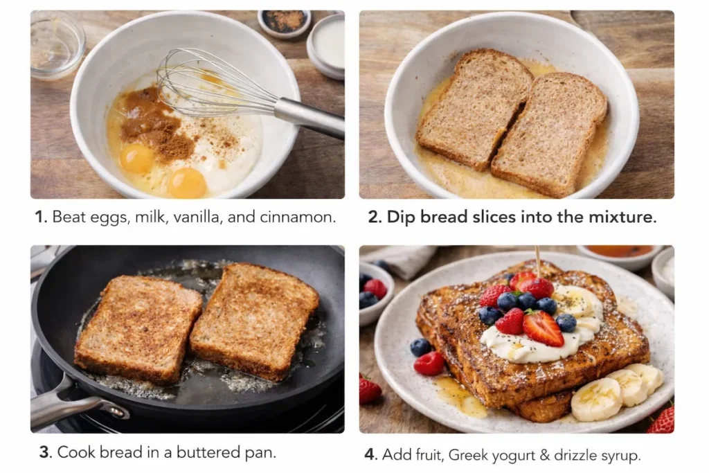 Step-by-step healthy French toast recipe showing dipping bread in egg mixture.