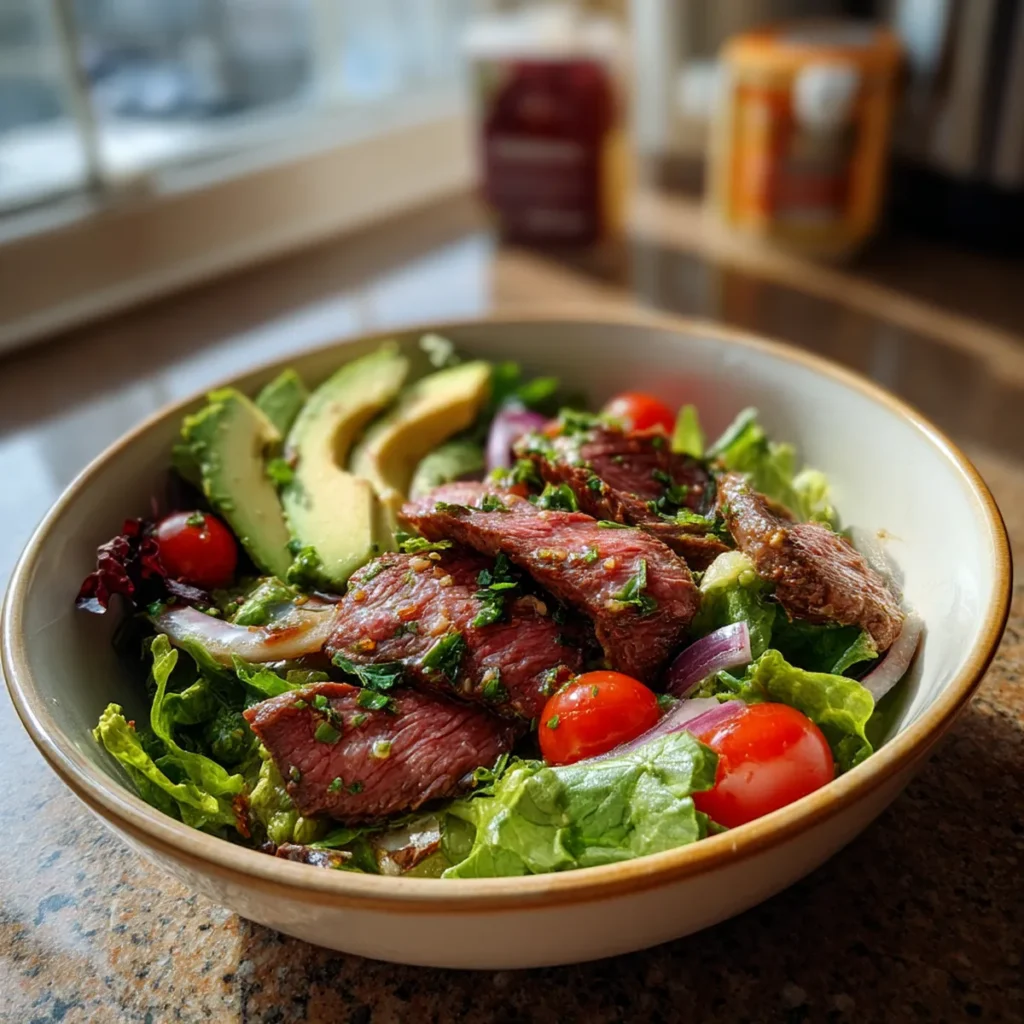 Steak salad with grilled beef, avocado, cherry tomatoes and fresh greens in a bowl