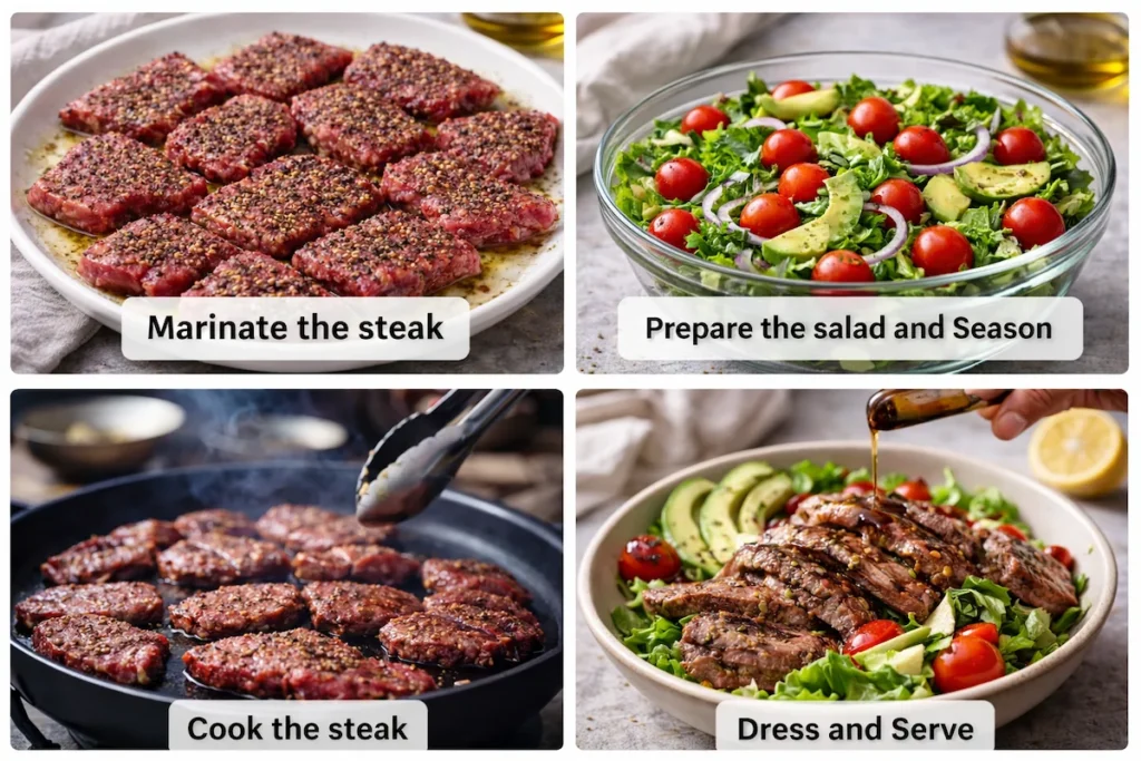 Steps for preparing steak and salad