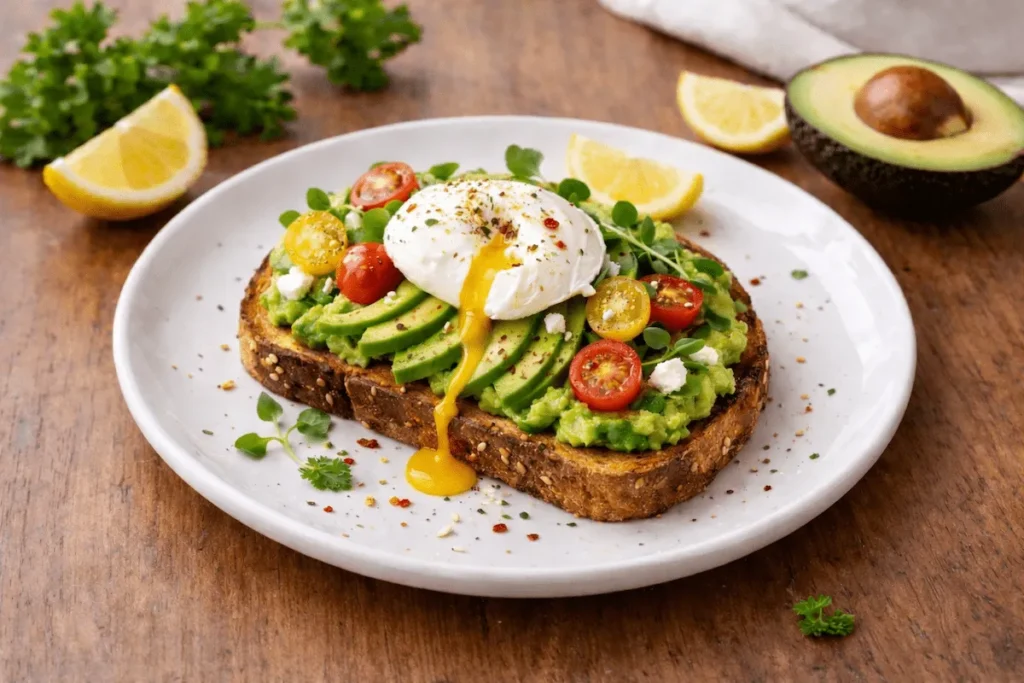avocado toast with poached egg on crispy bread