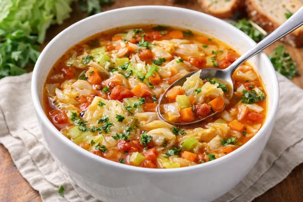 Light and simple cabbage soup with vegetables (carrots, celery, tomatoes) in a bowl