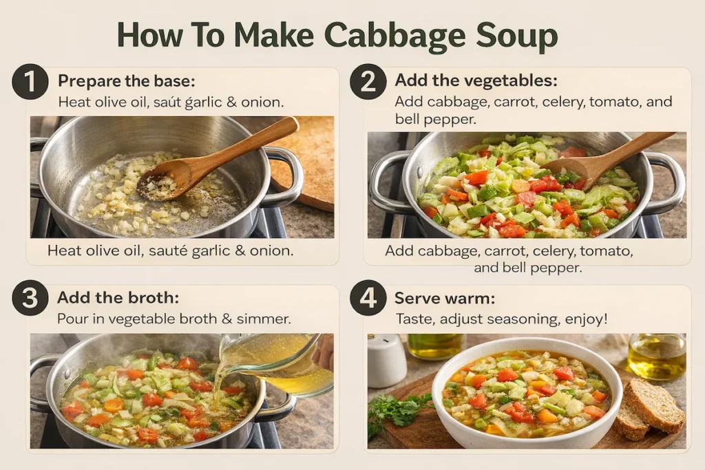 4-step cabbage soup preparation with fresh vegetables, from cooking the base to serving a healthy homemade soup