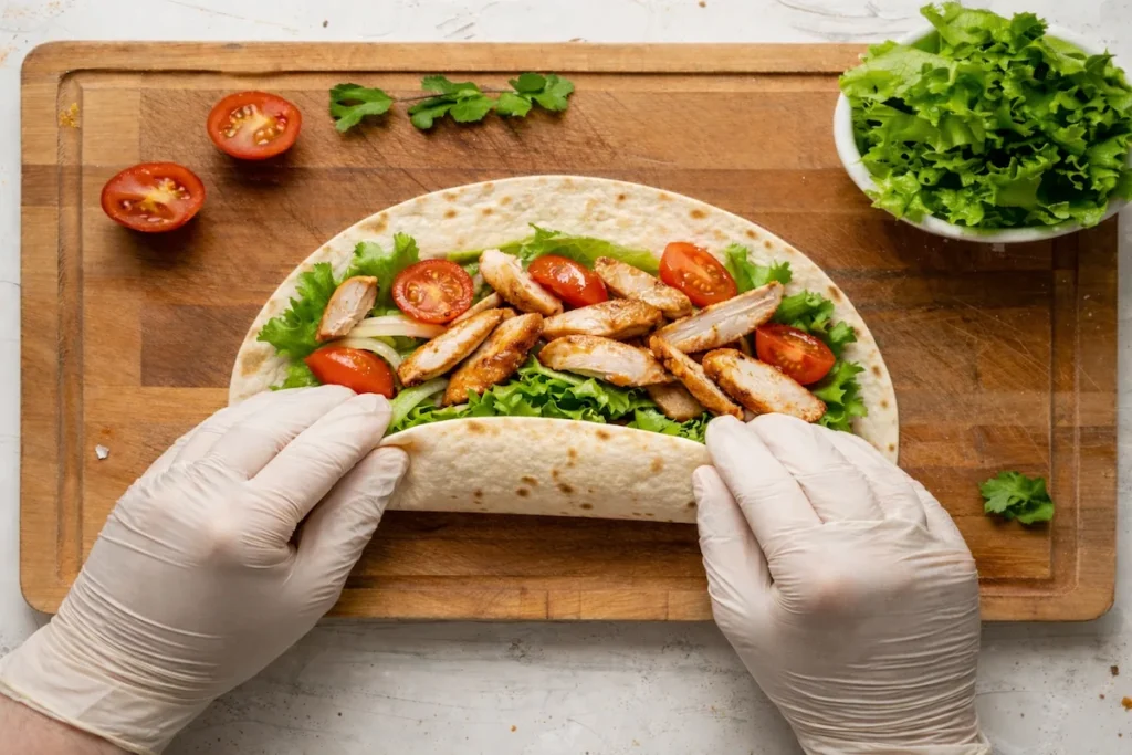 Grilled chicken wrap being folded by hand, filled with fresh lettuce, cherry tomatoes, and sliced chicken on a wooden board.