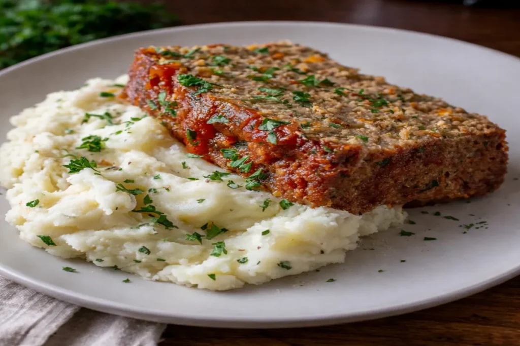 Classic American meatloaf served with creamy mashed potatoes on a white plate
