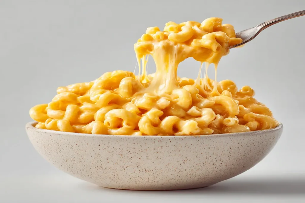 Creamy homemade macaroni and cheese served on a white plate with melted cheddar cheese