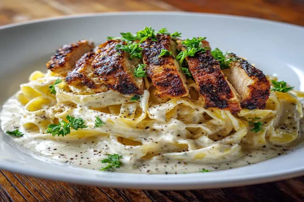 Creamy fettuccine Alfredo topped with sliced grilled chicken and fresh parsley in a white bowl