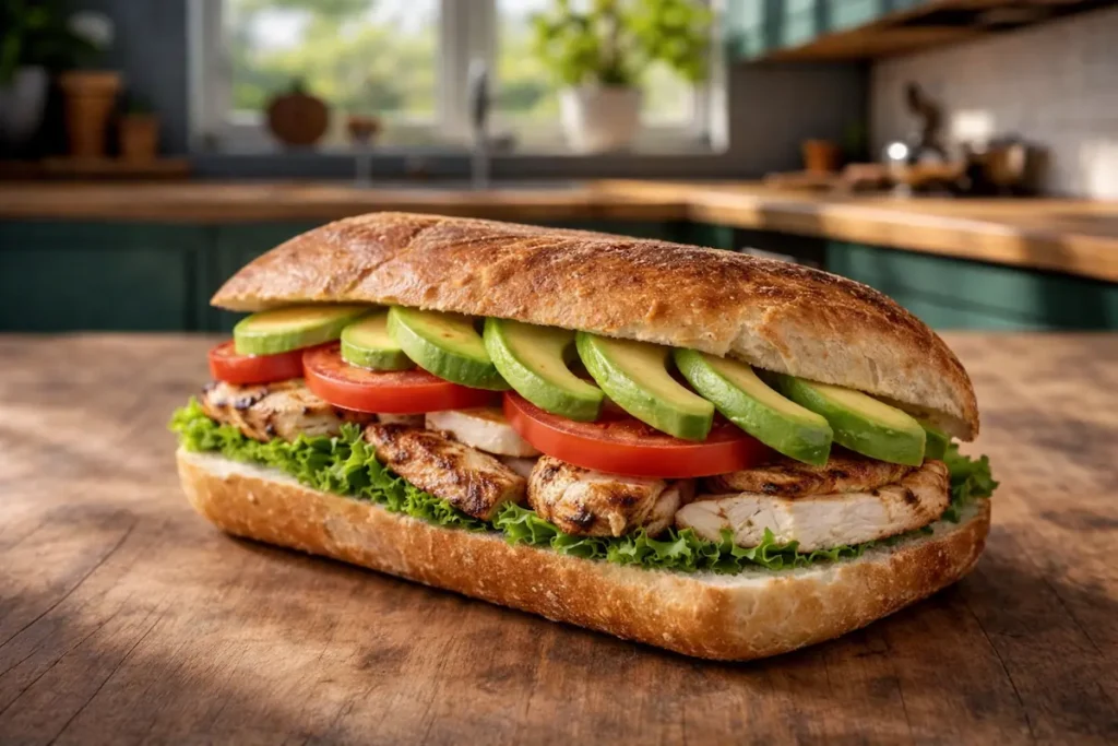 Easy chicken avocado sandwich with grilled chicken, fresh avocado slices, lettuce and tomato in a toasted baguette