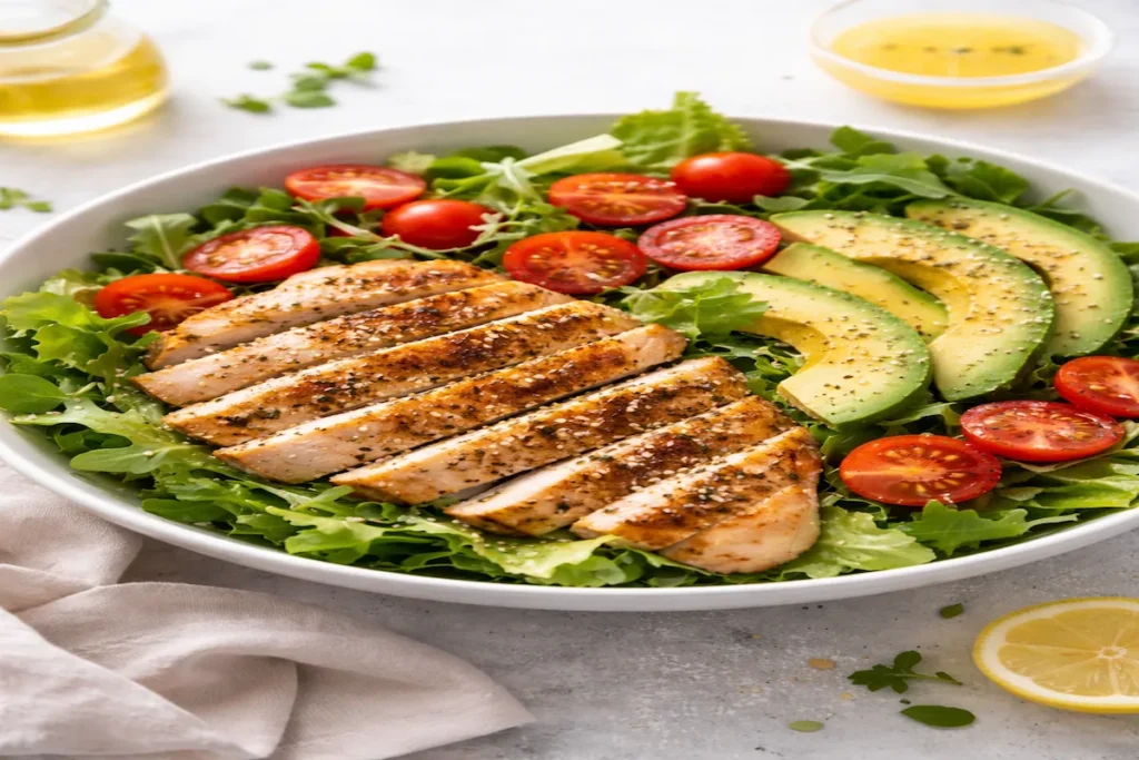 Fresh and healthy grilled chicken avocado salad bowl with lettuce and cherry tomatoes