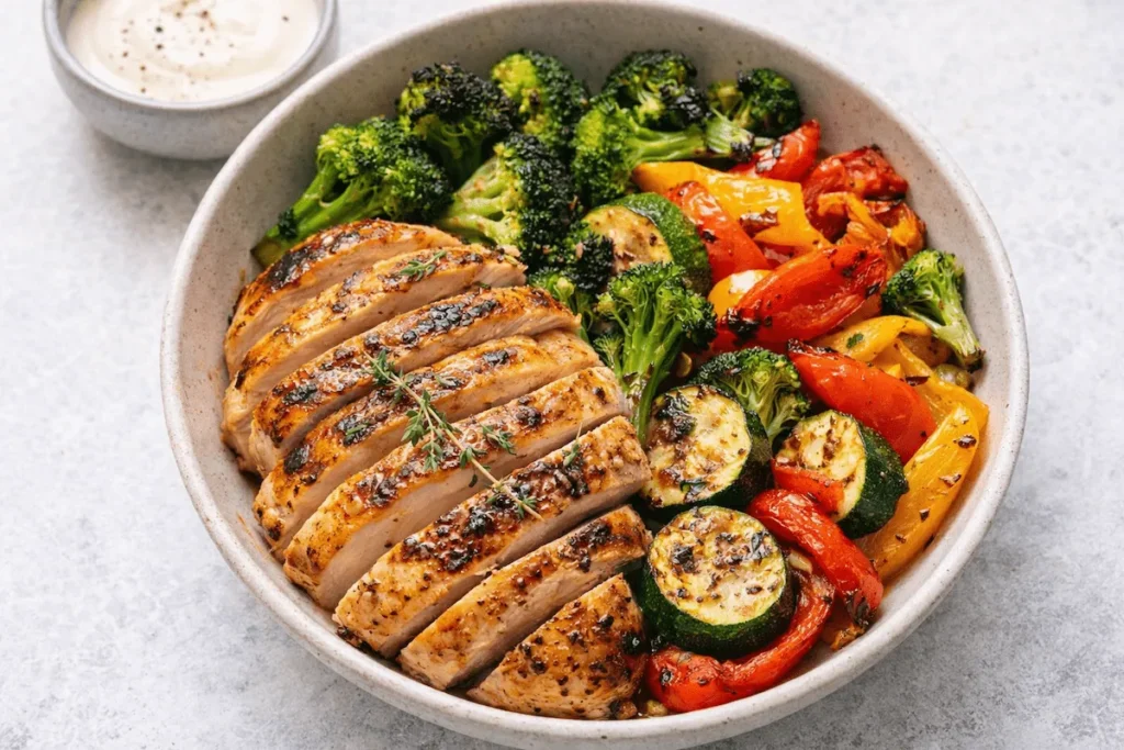Grilled chicken bowl with roasted vegetables including broccoli, zucchini, and bell peppers, served in a healthy bowl