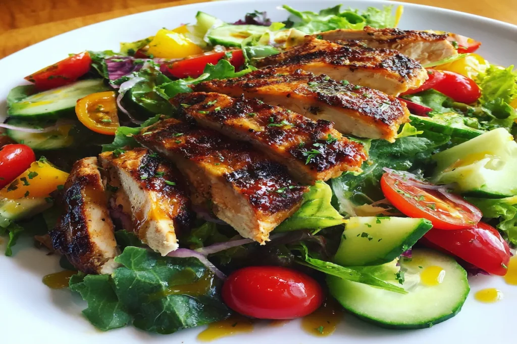 Grilled chicken avocado salad with lettuce, cherry tomatoes and fresh herbs in a bowl