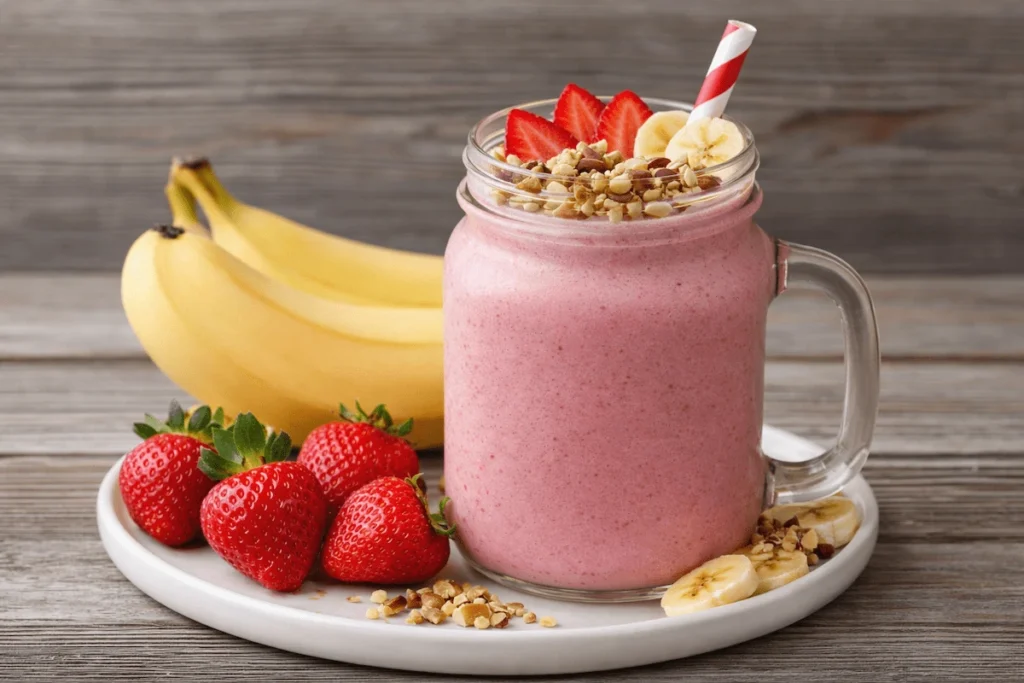 Strawberry banana light smoothie topped with sliced fruit and crushed nuts in a mason jar on a white plate
