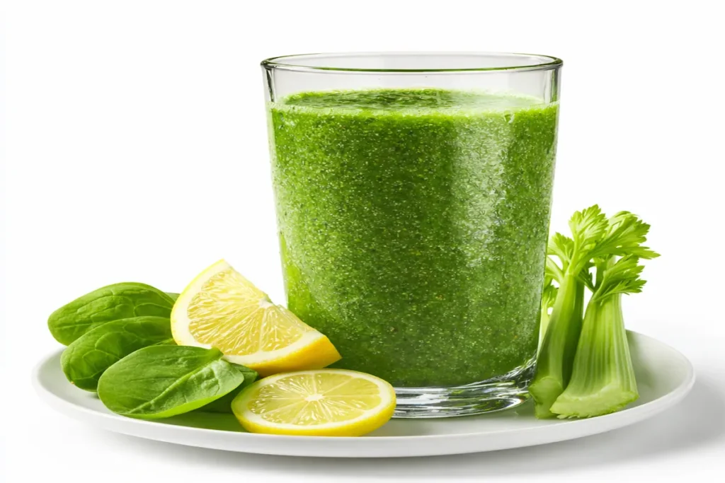 Low-Calorie Vegetable Juice with cucumber, celery, spinach and lemon in a glass, fresh and naturally low calorie