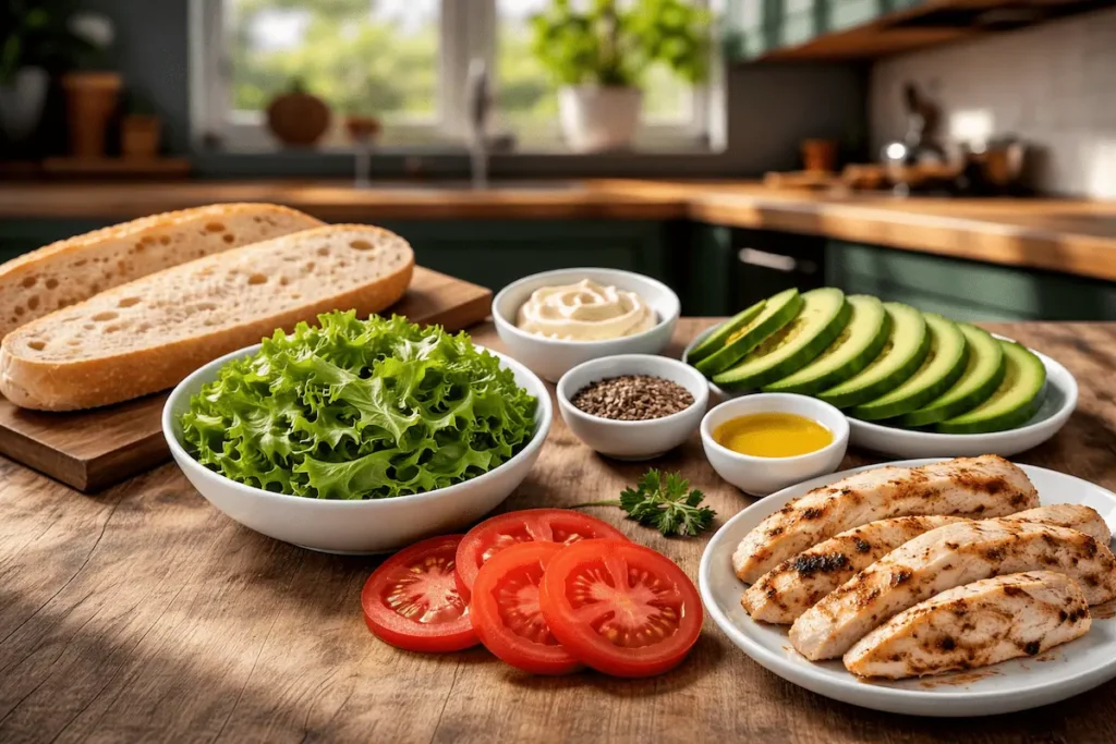 Fresh ingredients for a sandwich preparation.