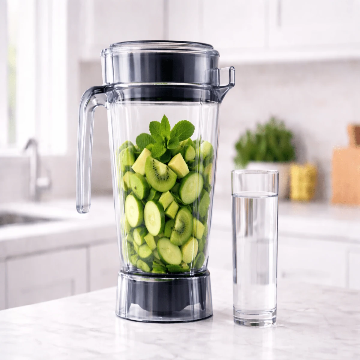 Fresh cucumber, apple, kiwi and mint in blender jar with water for low-calorie green juice