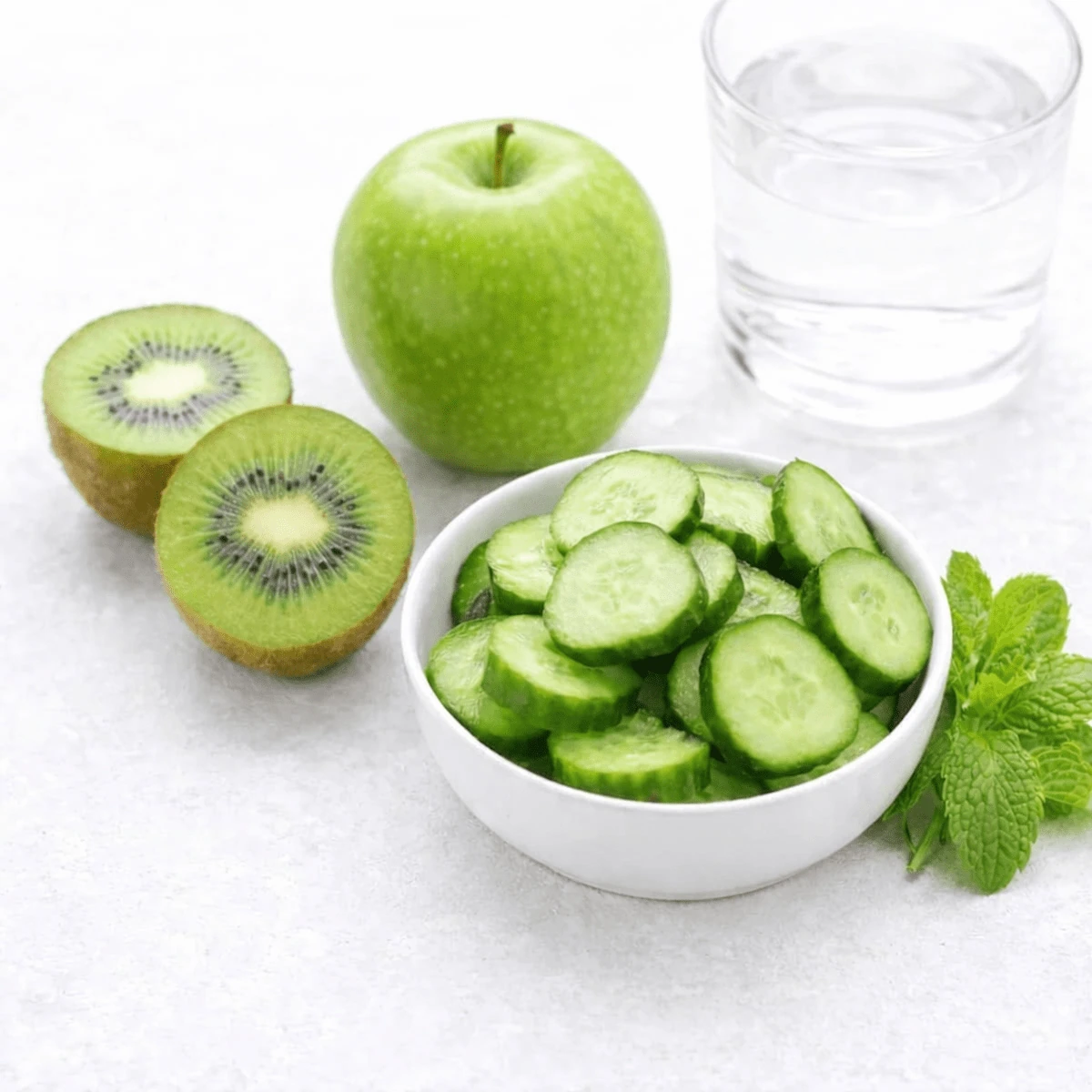 Fresh green apple, kiwi halves, sliced cucumber in a white bowl, mint leaves, and a glass of water for low-calorie green juice