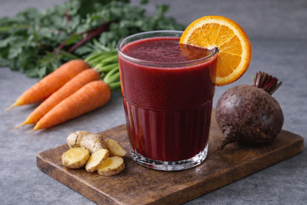 Red detox juice made with beet, carrot, orange and fresh ginger