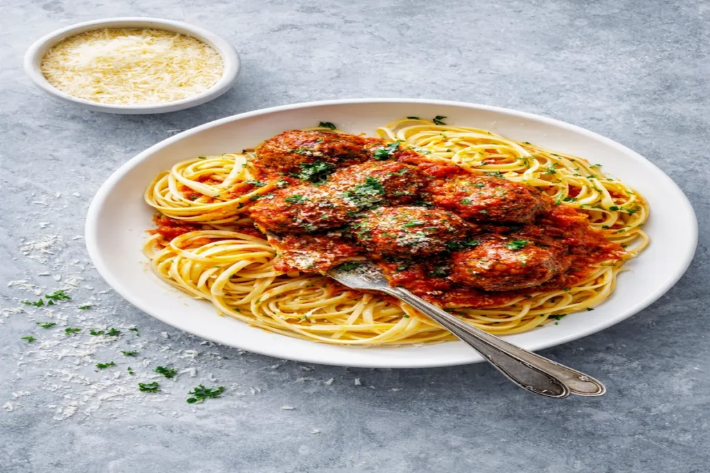 Easy spaghetti and meatballs with tomato sauce on a plate