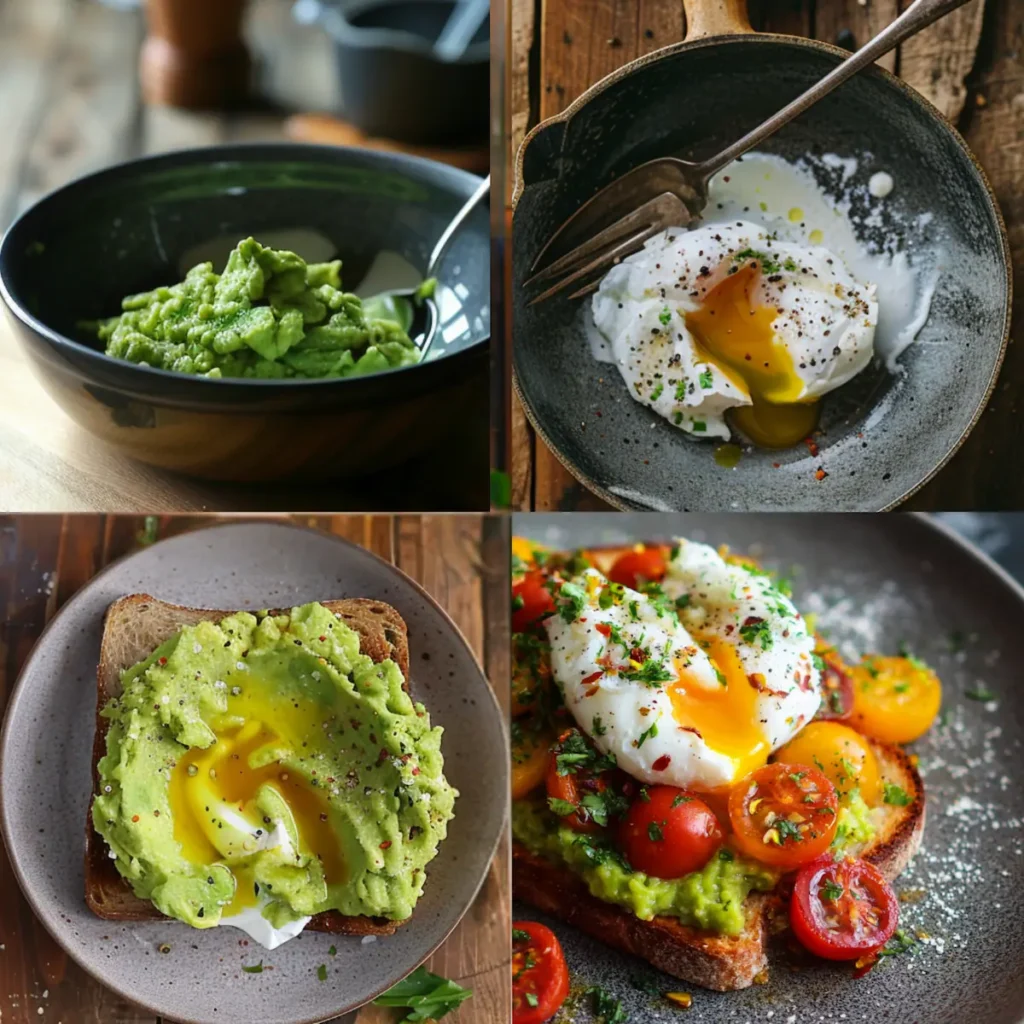 step by step preparation of avocado toast with poached egg