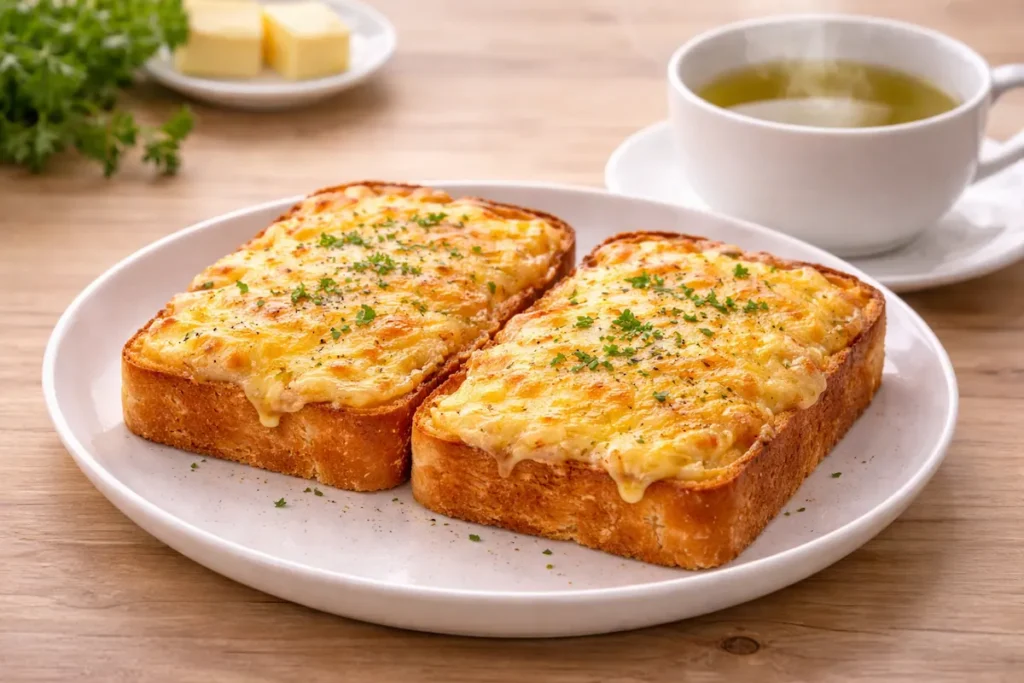 Golden cheese toast with melted crispy cheese served with a cup of hot green tea