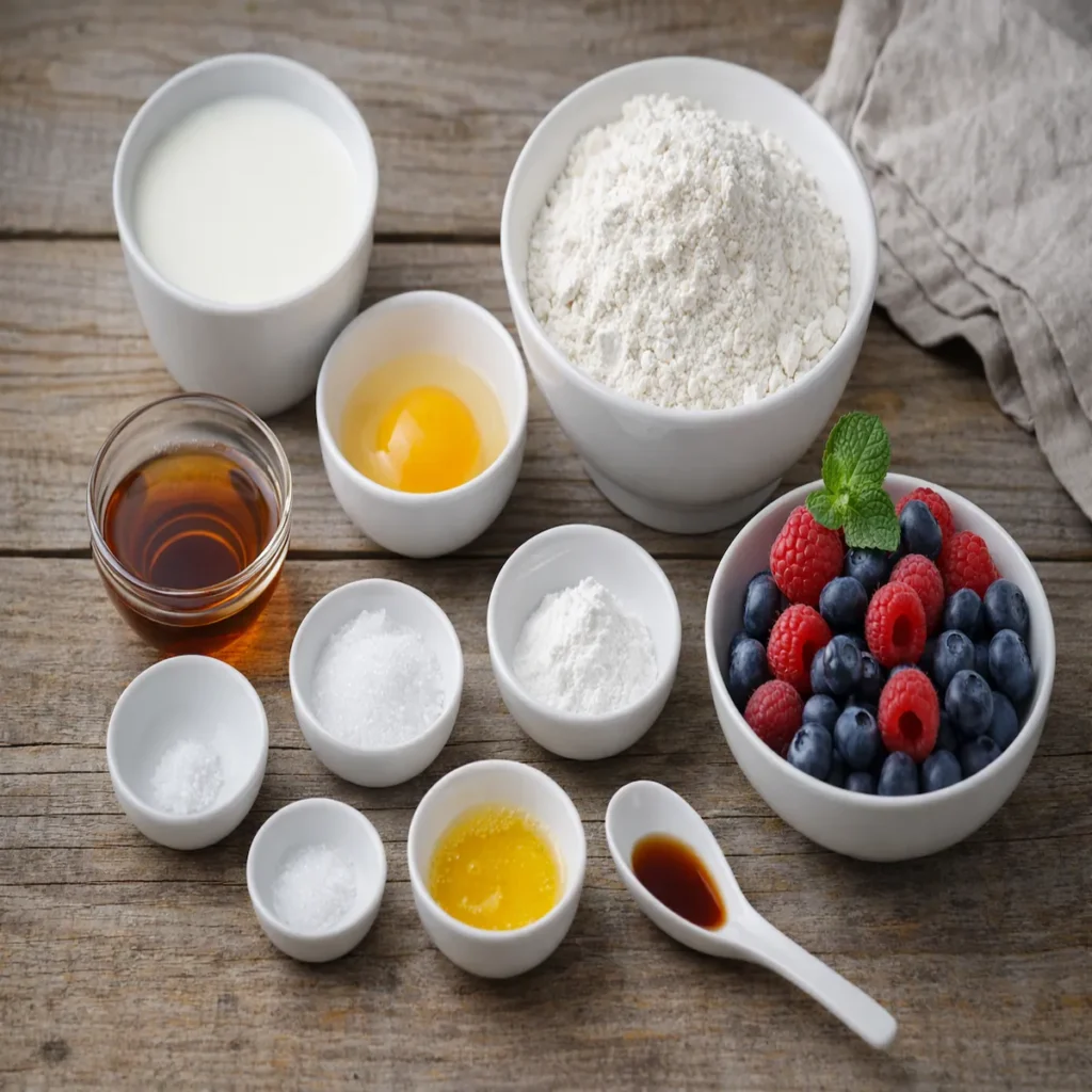 Ingredients for homemade American pancakes with flour, milk, egg, sugar, butter, and berries