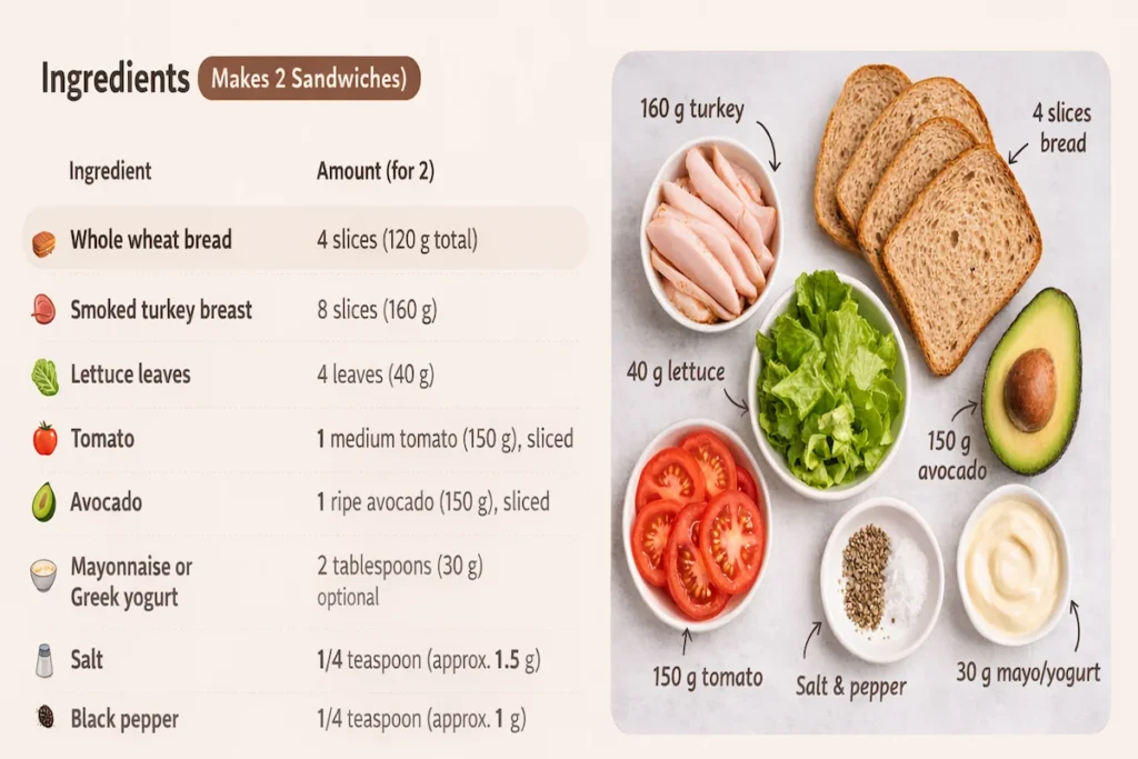 Ingredients for turkey avocado sandwiches