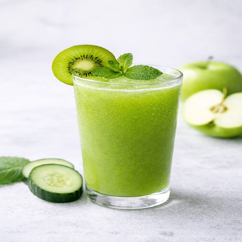 Low-calorie green juice with cucumber, apple and kiwi in a tall glass