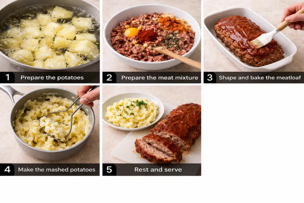 Cooking steps for meatloaf and potatoes