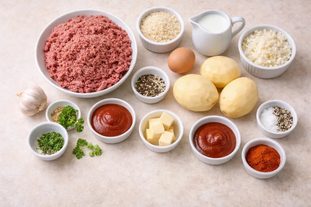 Ingredients for meatloaf and mashed potatoes