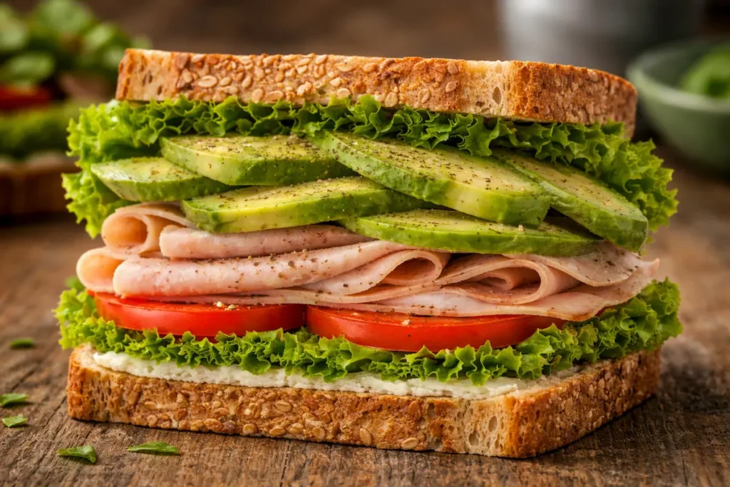 Healthy turkey avocado sandwich with lettuce and tomato on whole grain bread