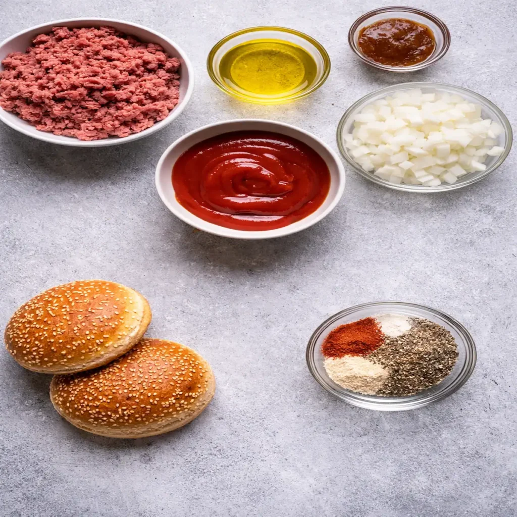Ingredients for homemade Sloppy Joe sandwich with ground beef, tomato sauce, chopped onion, olive oil, spices, and sesame burger.