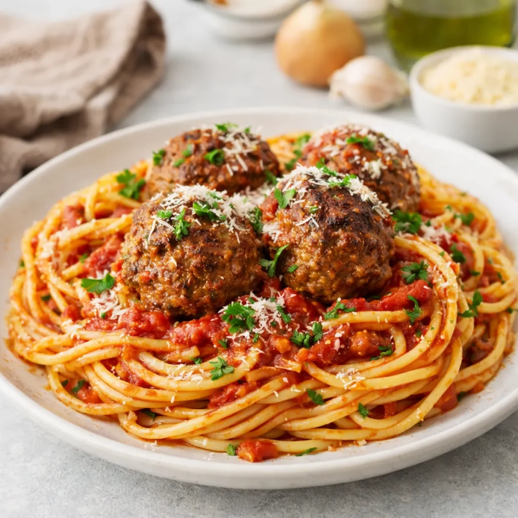 homemade spaghetti and meatballs with tomato sauce and parmesan on a plate in a kitchen setting