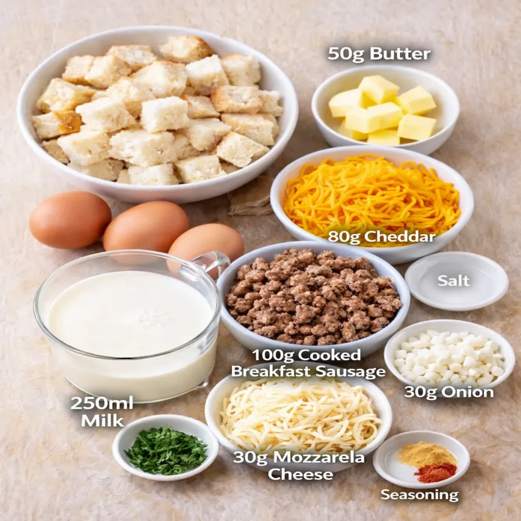 Ingredients for cheesy breakfast strata