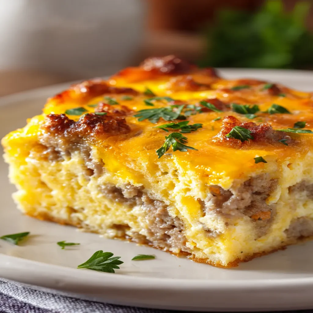 Easy cheesy breakfast strata with sausage, eggs, bread and melted cheese in a baking dish
