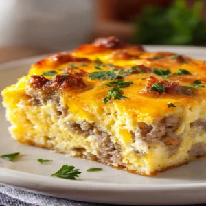 Easy cheesy breakfast strata with sausage, eggs, bread and melted cheese in a baking dish