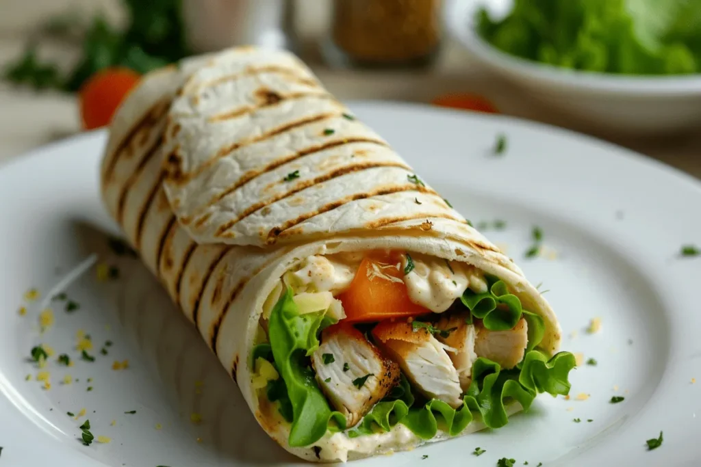 chicken cheese wrap with golden wheat tortilla, sliced chicken breast, melted cheese, lettuce and tomato