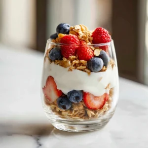 overnight oats with yogurt granola strawberries and blueberries in a glass jar healthy breakfast