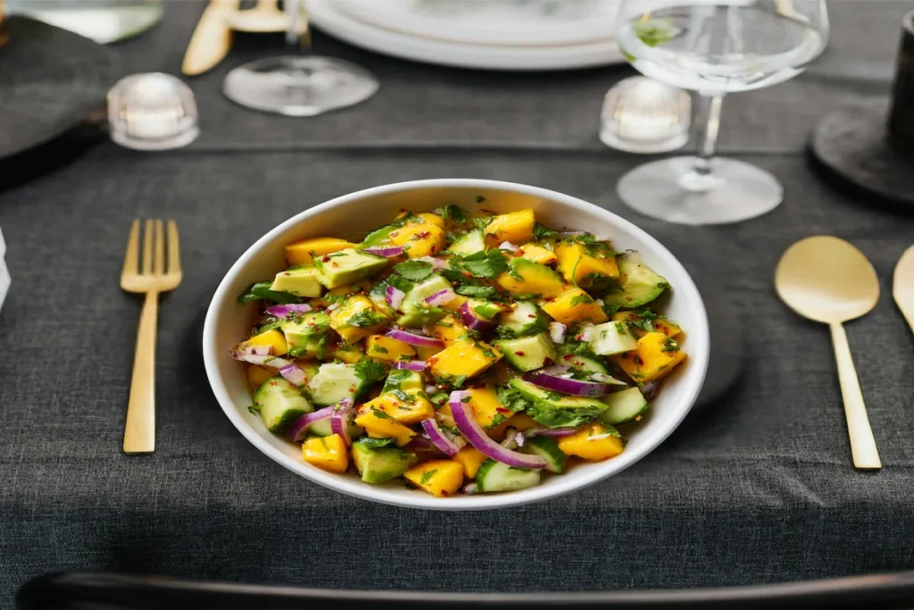 Fresh mango avocado cucumber salad with red onion and cilantro, served with a light lemon and olive oil dressing