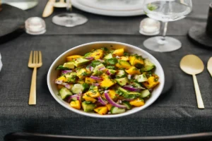 Fresh mango avocado cucumber salad with red onion and cilantro, served with a light lemon and olive oil dressing