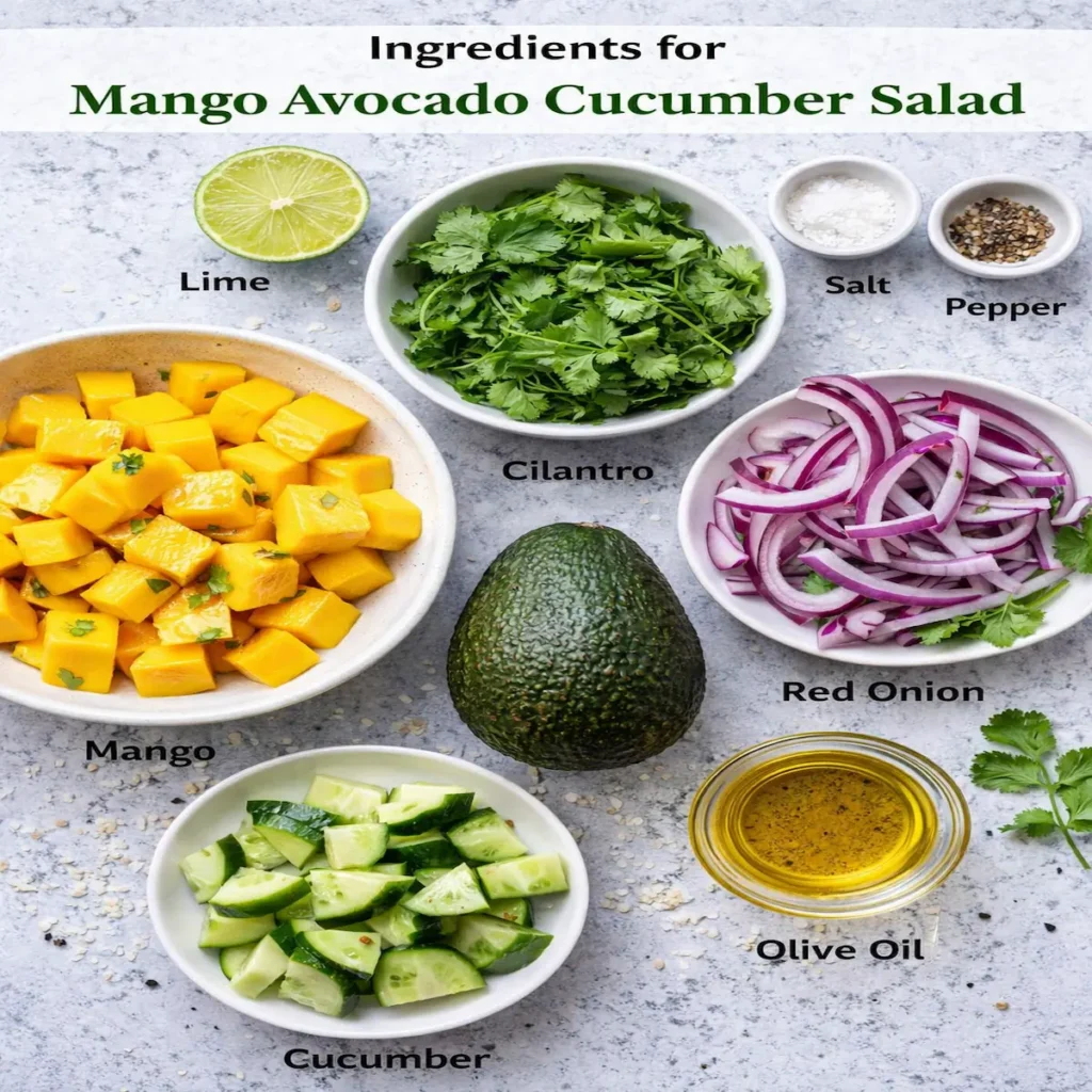 Fresh ingredients for mango avocado cucumber salad with lime, cilantro, red onion, salt, and pepper arranged on a kitchen countertop