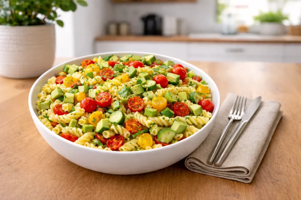 Vegan pasta salad with avocado, cherry tomatoes, cucumber, and herbs served in a white bowl on a wooden kitchen countertop with cutlery