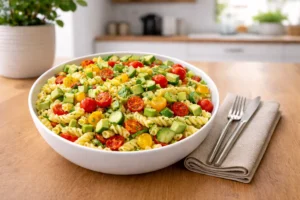 Vegan pasta salad with avocado, cherry tomatoes, cucumber, and herbs served in a white bowl on a wooden kitchen countertop with cutlery