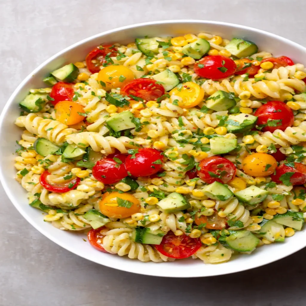 Vegan pasta salad with fusilli, avocado, cucumber, corn, and cherry tomatoes, tossed in a light lemon dressing