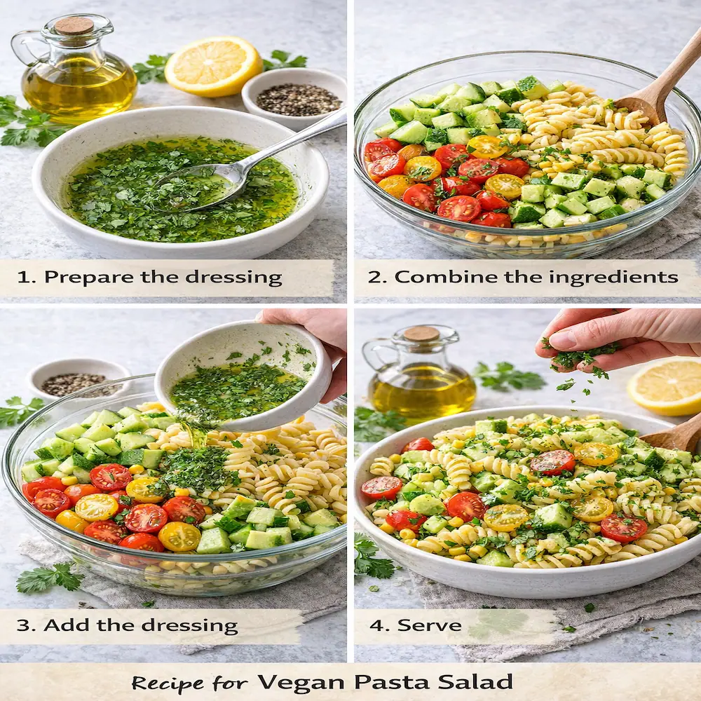 Vegan pasta salad preparation steps shown.