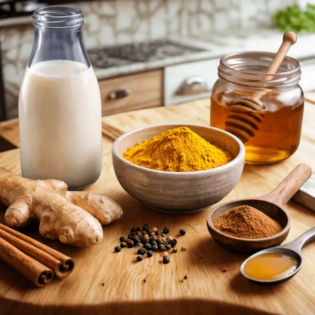 Ingredients for golden milk recipe including milk, turmeric powder, ginger, cinnamon, black pepper, and honey