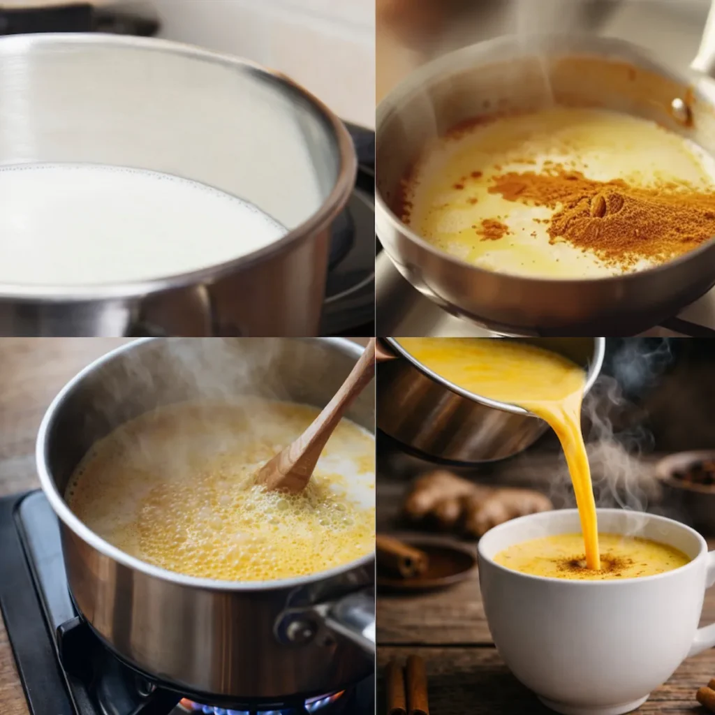 Step-by-step preparation of golden milk recipe heating milk adding turmeric and spices simmering in saucepan and pouring turmeric latte into a cup