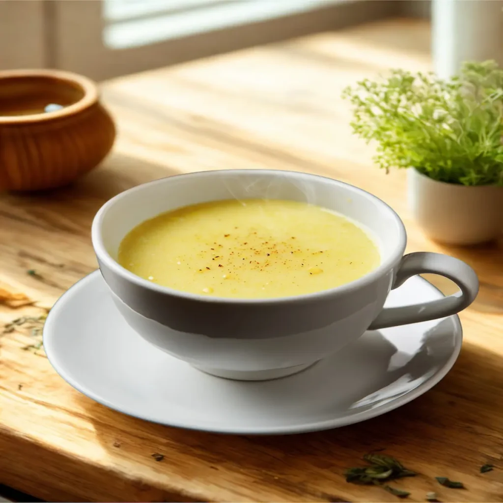 Hot golden milk turmeric latte served in a white cup on a wooden table