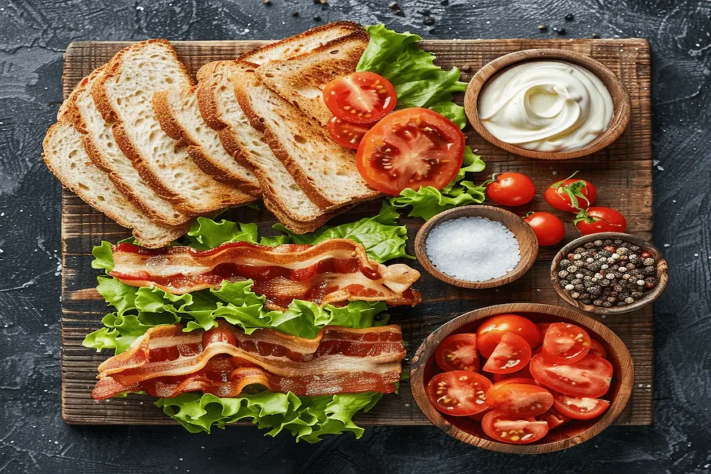 BLT sandwich ingredients with bread, bacon, lettuce, tomato and mayonnaise