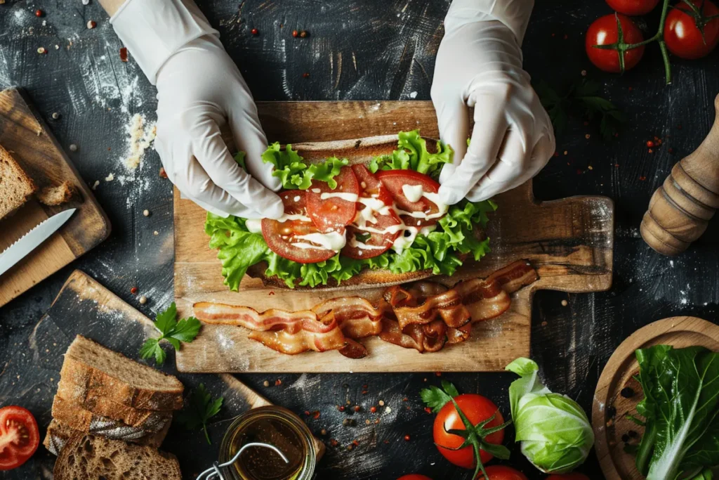 Preparing a BLT sandwich with bacon, lettuce and tomato