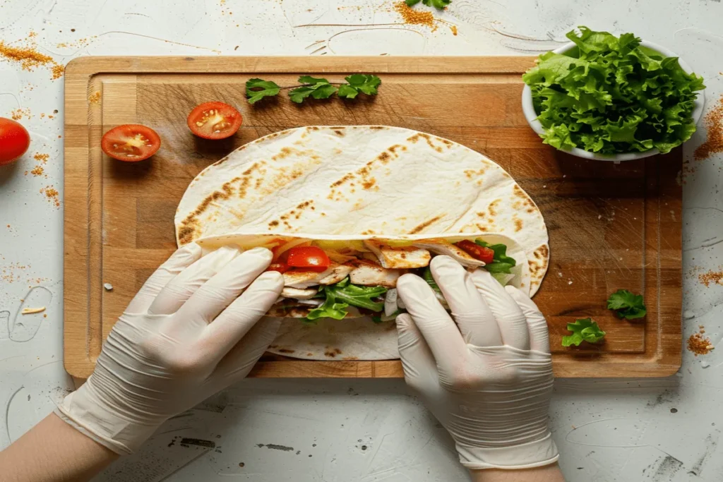 hands rolling chicken cheese wrap on tortilla with lettuce and tomato