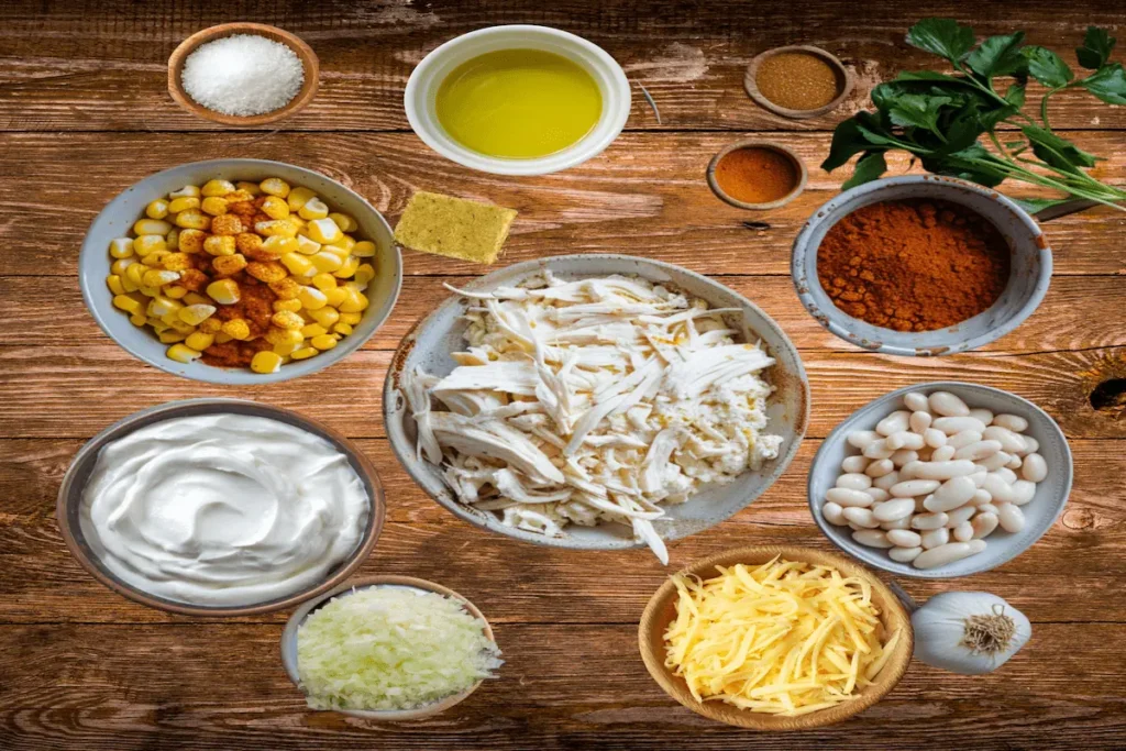 white chicken chili ingredients with shredded chicken white beans corn sour cream spices and olive oil
